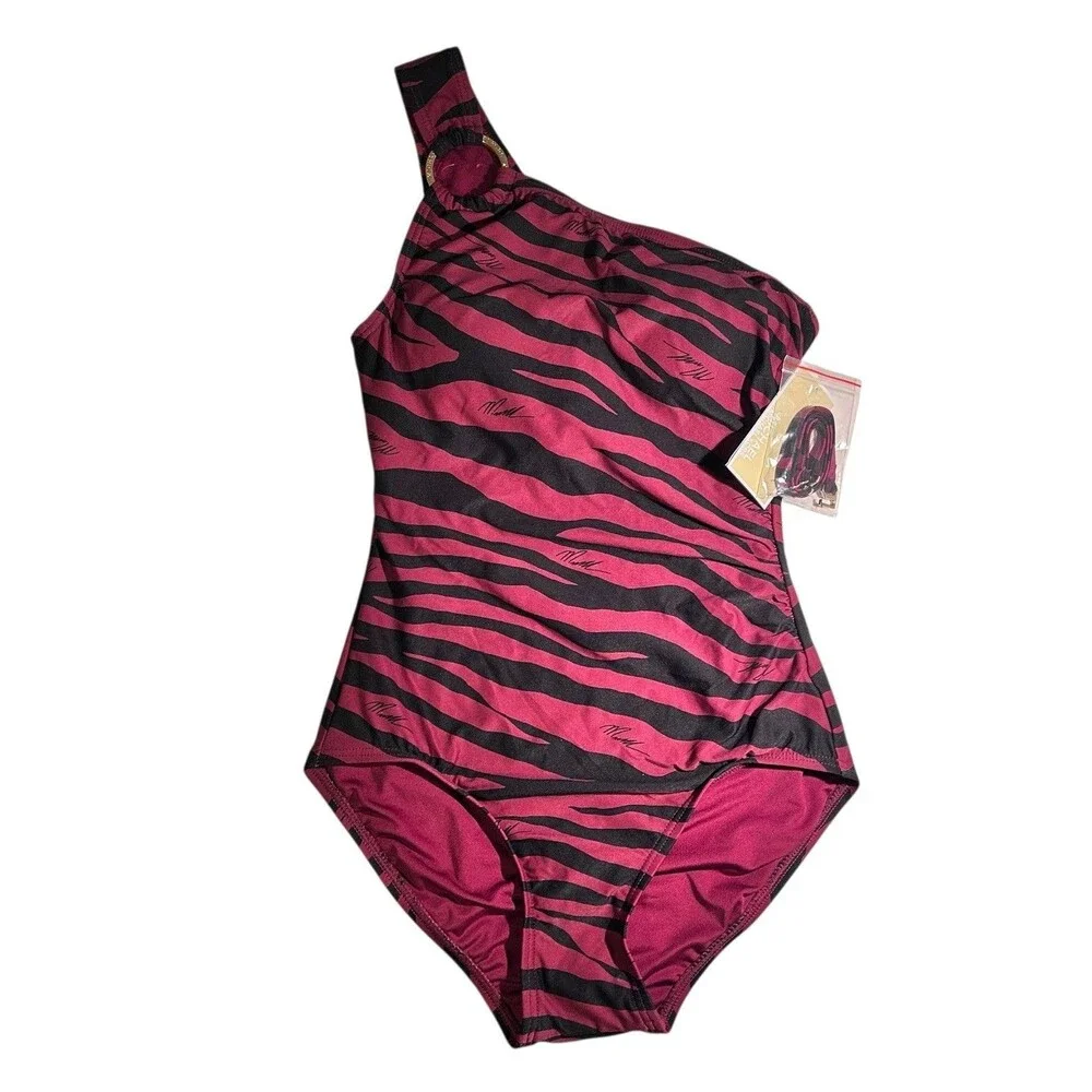Michael Kors Animal Print One Piece Swimsuit One Shoulder Ruby Black Sz 4 NWT